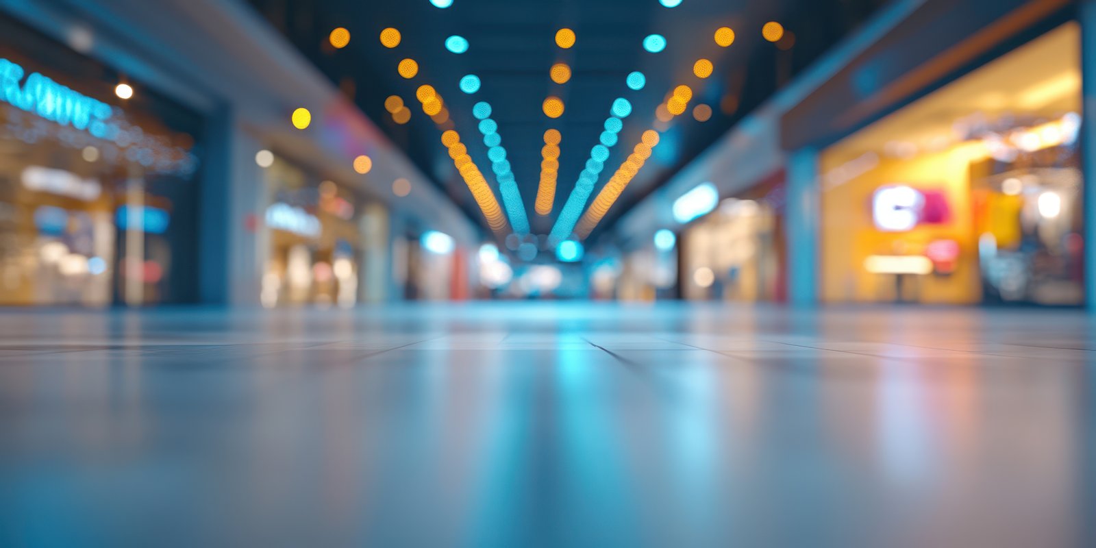 Vibrant mall walkway illuminated by colorful lights during evening hours creating an inviting atmosphere for shoppers
